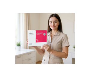 kobieta kosmetolog trzyma w dłoniach set zabiegowy Retibooser Therapy